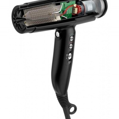 Secador de cabelo preto com componentes internos visíveis