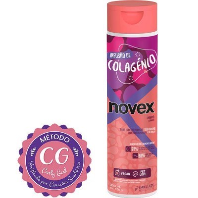 Frasco de champô cor de rosa e roxo Novex Infusão de Colagénio com selo Curly Girl