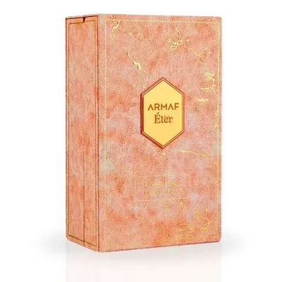 Caixa de perfume laranja marmoreada com texto Armaf Éter