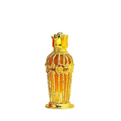 Frasco de perfume dourado decorativo com tampa em forma de rosa