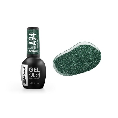 Verniz de gel preto com tampa verde A94 e amostra de cor verde brilhante glitter