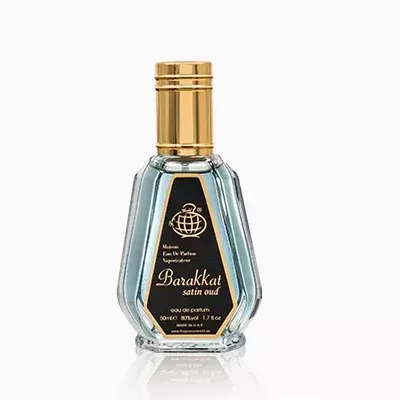 Frasco de perfume Barakkat satin oud em vidro com tampa dourada