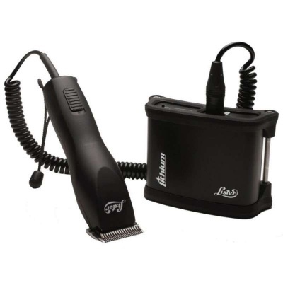 Máquina de cortar cabelo preta com bateria portátil e cabo espiral