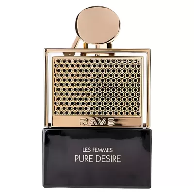 Frasco de perfume preto e dourado com texto LES FEMMES PURE DESIRE