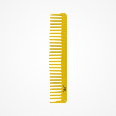 Pente amarelo de plástico com dentes largos e estreitos, inscrição JRL