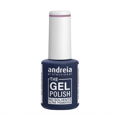 Frasco de verniz gel azul escuro com tampa branca da marca andreia professional