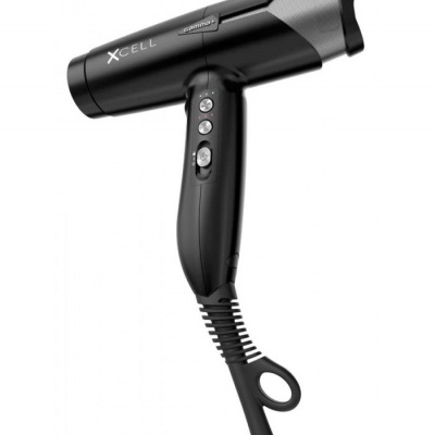 Secador de cabelo preto com detalhes cinzentos e botões de controlo.