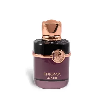 Frasco de perfume ENIGMA QUATRE roxo com detalhes dourados