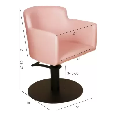Cadeira giratória rosa com base preta e braços integrados com dimensões