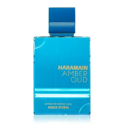 Frasco azul metálico de perfume Haramain Amber Oud Aqua Dubai com texto dourado