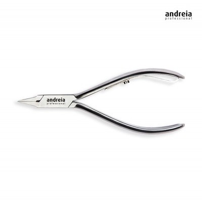 Alicate de unhas metálico prateado com marca 'andreia professional'