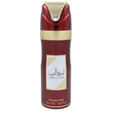 Spray perfumado vermelho e dourado com texto árabe e inglês