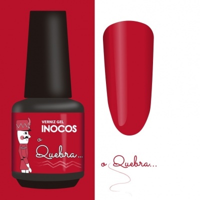 Frasco de verniz gel vermelho Inocos e amostra de cor em forma de unha