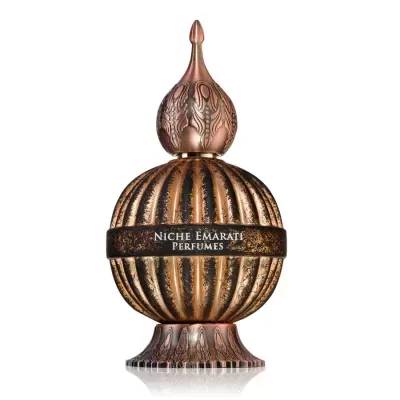 Garrafa de perfume de metal decorativa com texto NICHE EMARATI PERFUMES