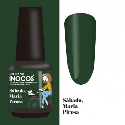 Frasco de verniz gel verde escuro com ilustração de rapariga numa bicicleta