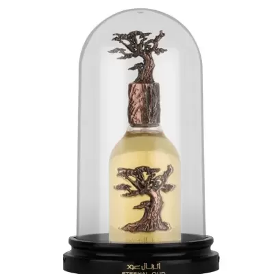 Perfume Eternal Oud sob campânula de vidro com base preta