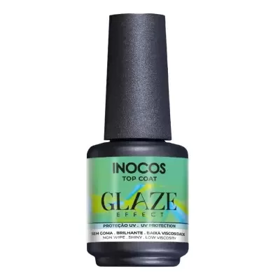 Frasco de verniz para unhas INOCOS Top Coat Glaze Effect com rótulo verde e tampa preta