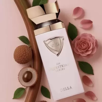Frasco de perfume branco com detalhes dourados, flor rosa, folhas verdes e frutas castanhas ao redor