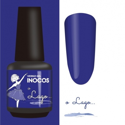 Frasco de verniz gel azul Inocos com rótulo e amostra da cor