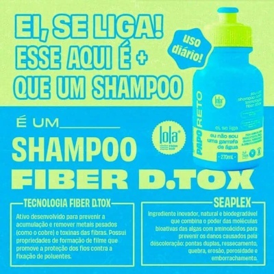 Imagem de frasco azul com tampa verde-limão de shampoo Lola Fiber D.TOX e texto publicitário amarelo e branco em fundo azul