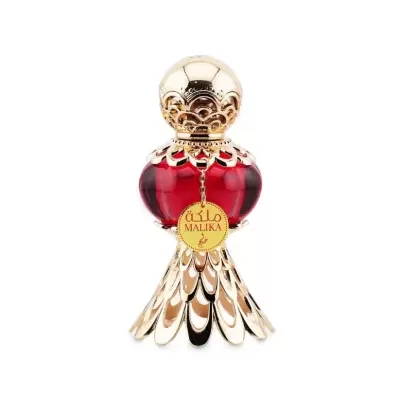 Frasco de perfume vermelho e dourado com etiqueta MALIKA