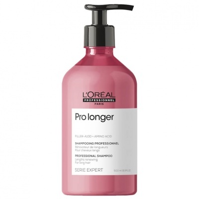 Frasco rosa de champô profissional L'Oréal Pro Longer com tampa preta