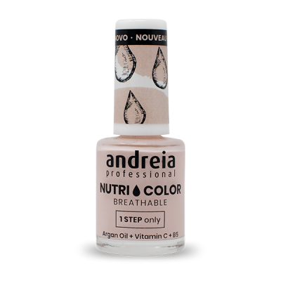 Frasco de verniz para unhas rosa claro Andreia Nutri Color com texto e tampa branca e preta