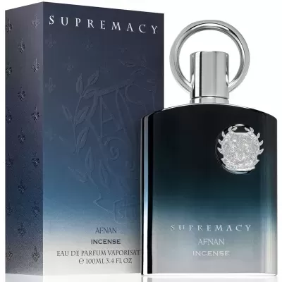 Frasco de perfume SUPREMACY AFNAN INCENSE com caixa azul