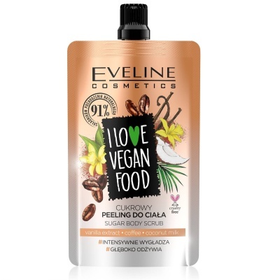 Embalagem flexível creme esfoliante corporal Eveline Cosmetics com extrato de baunilha, café e leite de coco