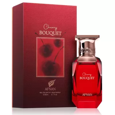 Perfume Cherry Bouquet Afnan frasco e caixa vermelhos com tampa dourada