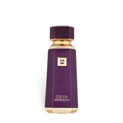 Frasco de perfume roxo com detalhes dourados e texto COCOA MORADO