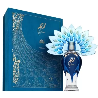 Perfume Reem com caixa azul e dourado e design de pavão