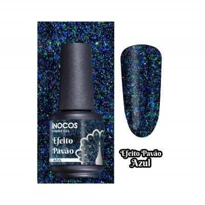 Verniz gel glitter azul INOCOS Efeito Pavao com frasco e amostra da cor
