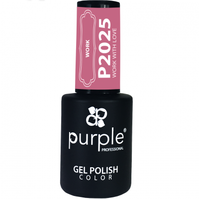 Frasco de verniz gel para unhas Purple Professional com tampa preta e etiqueta rosa