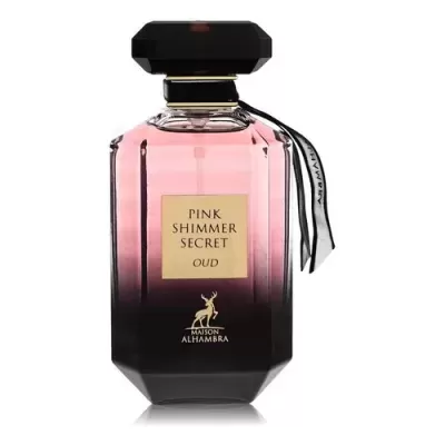 Frasco de perfume Maison Alhambra Pink Shimmer Secret Oud com design gradiente rosa para preto.
