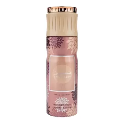 Frasco cylindrical de spray perfumado Paris Corner decorado com padrão floral em tons rosa e bege.