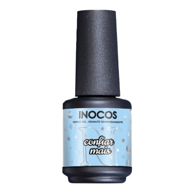 Frasco de verniz gel INOCOS com rótulo azul claro e tampa preta
