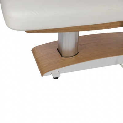 Base de móvel em madeira clara com suporte metálico cinza e estofamento branco