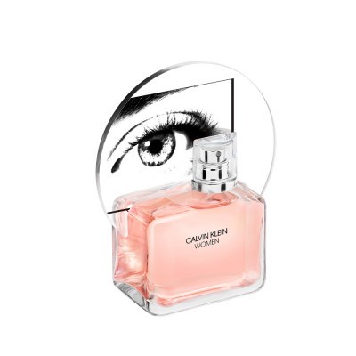 Frasco de perfume Calvin Klein Women com líquido cor de rosa e suporte circular com desenho de olho