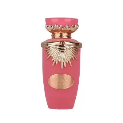 Frasco de perfume rosa com detalhes dourados e placa dourada com texto JOURI