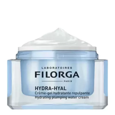 Frasco de creme hidratante FILORGA Hydra-Hyal aberto com creme visível