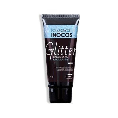 Tubo preto de Polyacrygel Inocos Glitter Holográfico Azul Arco-Íris de 40g