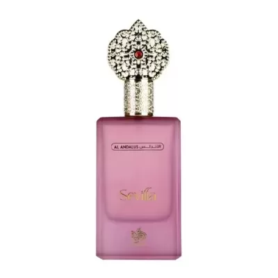 Frasco de perfume rosa fosco com tampa dourada decorativa e texto AL ANDALUS y Sevilla