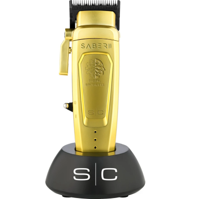 Máquina de cortar cabelo dourada with base preta com letras S C