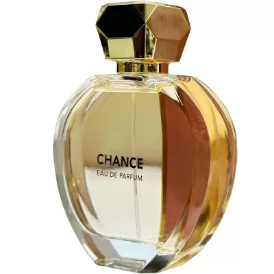 Frasco de perfume Chance Eau de Parfum com vidro transparente e tampa dourada