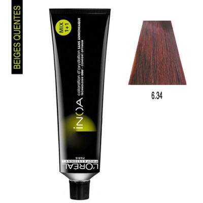 Tubo preto de tinta de cabelo L'Oréal Inoa com número de cor 6.34 castanho avermelhado