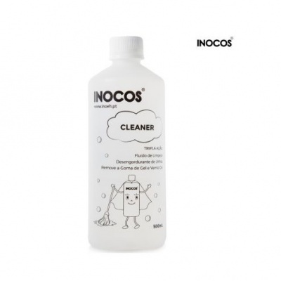 Frasco branco de fluído de limpeza Inocos Cleaner com texto e desenho a preto