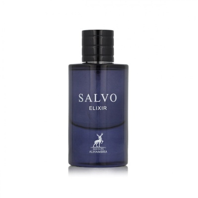Garrafa azul escura de perfume Salvo Elixir com tampa preta e rótulo branco
