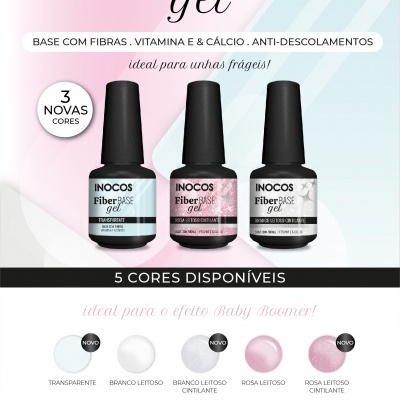 Gel para unhas Fiber BASE da INOCOS, mostrando três frascos e cinco cores disponíveis, com texto promocional em fundo pastel