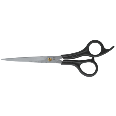 Tesoura profissional com lâminas de metal prateado e punho preto